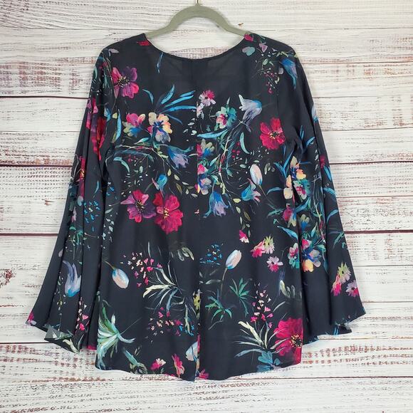Retro Black Floral Bell Sleeve Top Fairy Whimsigoth Blouse Oversized Sm V-Neck - Picture 2 of 10